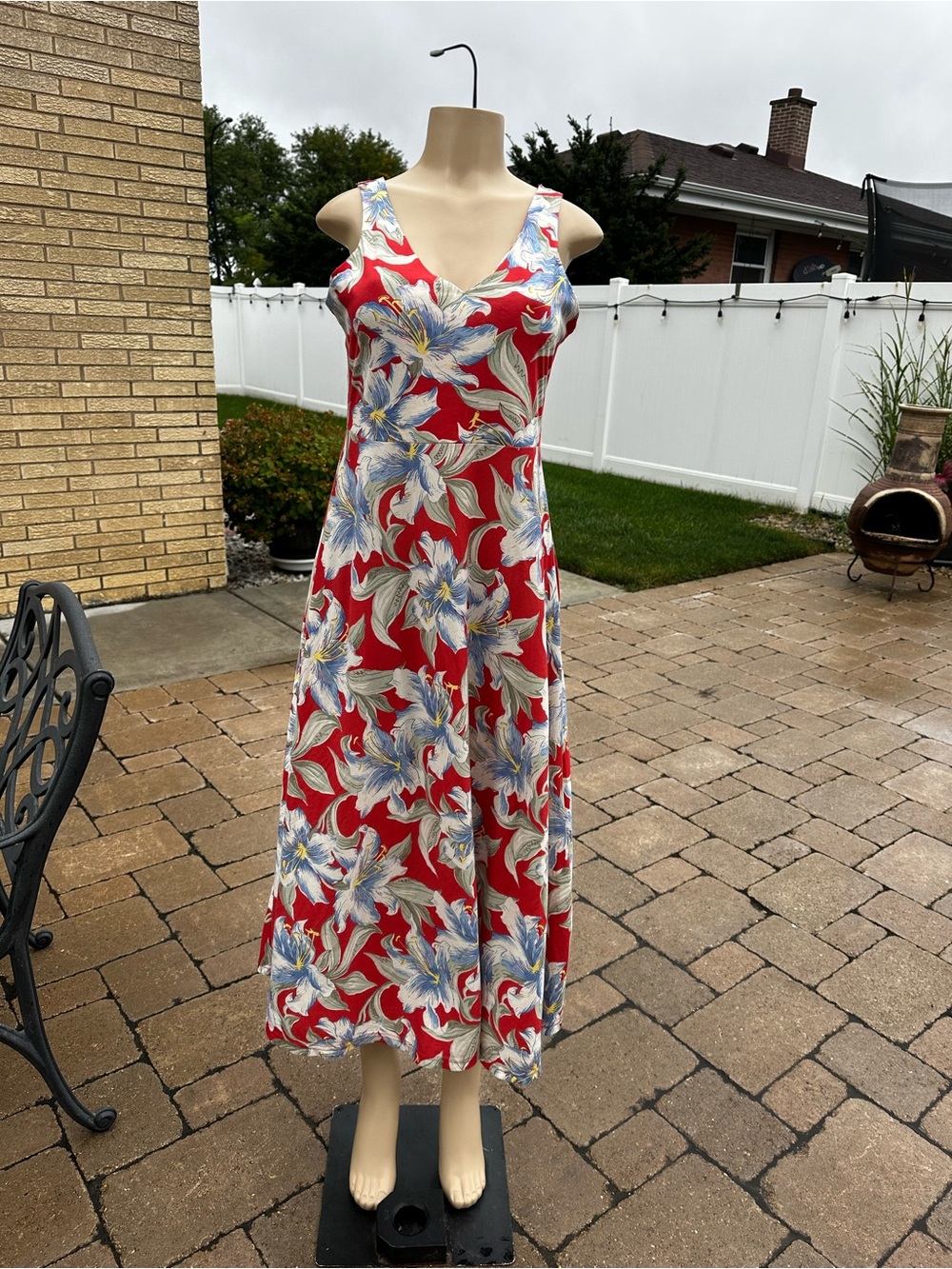 Chaps cotton Red Floral V-Neck Maxi Dress - Sleeveless Summer Dress size M